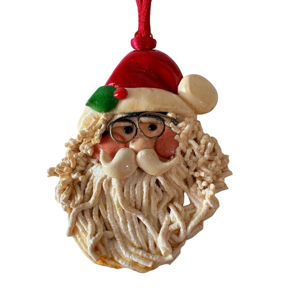 Vintage Spaghetti Textured Salt Dough Santa Christmas necklace Ornament 3"